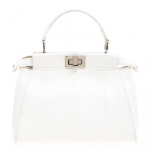 Pre Owned Fendi White Python Mini Peekaboo Top Handle Bag