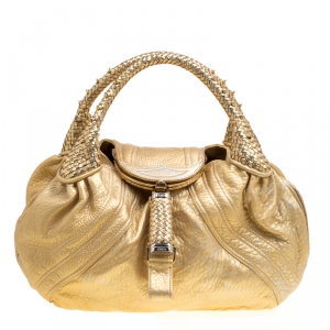 Pre Owned Fendi Gold Holographic Textured Leather Spy Bag
