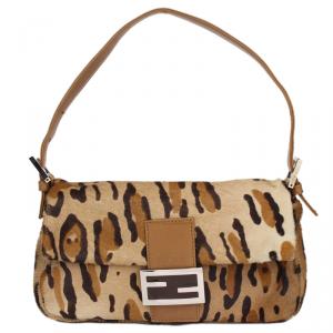 Fendi Brown Leopard Print Pony Hair Baguette Shoulder Bag