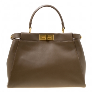 Pre Owned Fendi Dark Beige Leather and Snake Lined Small Peekaboo Tote