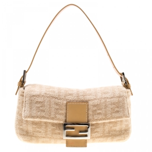 Fendi Beige Zucca Wool/Leather Baguette Shoulder Bag