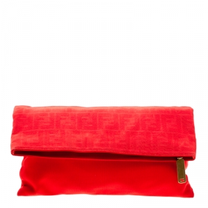 Pre Owned Fendi Red Zucca Fabric Fold Over Clutch
