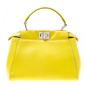 Pre Owned Fendi Yellow Leather Mini Peekaboo Top Handle Bag