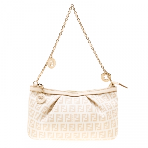 Fendi White/Beige Zucchino Coated Canvas Baguette Chain Shoulder Bag