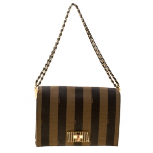 Pre Owned Fendi Tobacco Pequin Canvas Large Claudia Shoulder Bag