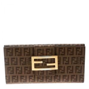 Pre Owned Fendi Brown Zucchino Coated Canvas Forever Continental Wallet