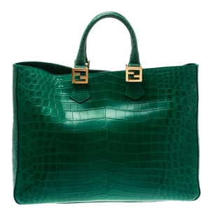 Pre Owned Fendi Green Crocodile Twins Shopper Tote