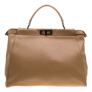 Pre Owned Fendi Light Brown Leather with Snakeskin Lining Large Peekaboo Tote