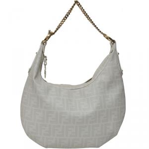 Pre Owned Fendi Off White Zucca Coated Canvas Chef Chain Hobo