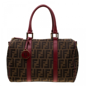 Pre Owned Fendi Red Canvas Zucca Jacquard Boston Bag