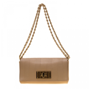 Pre Owned Fendi Beige Pequin Embossed Leather Small Claudia Shoulder Bag