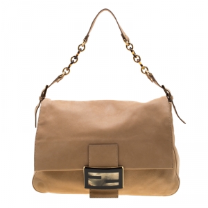 Pre Owned Fendi Beige Iridescent Leather Mama Forever Large Flap Shoulder Bag