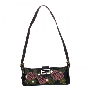 Fendi Blue Rose Embroidered  Denim Baguette