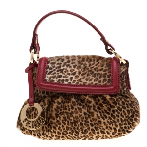 Pre Owned Fendi Brown/Red Pony Hair and Leather Chef Shoulder Bag