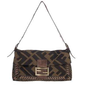 Fendi Brown Chain Zucca Baguette Flap Bag