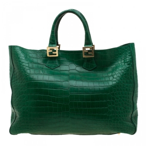 Pre Owned Fendi Green Crocodile Twins Shopper Tote