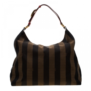 Pre Owned Fendi Tobacco/Red Canvas and Leather Large Pequin Striped Hobo