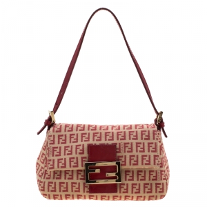 Pre Owned Fendi Red/Beige Canvas and Leather Mama Baguette Shoulder Bag