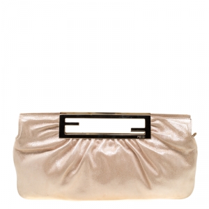 Pre Owned Fendi Metallic Beige Leather Cutout Handle Clutch