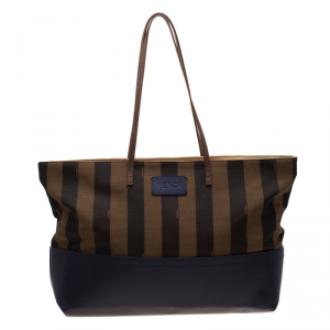 Pre Owned Fendi Tobacco/Blue Pequin Striped Canvas and Leather Roll Tote