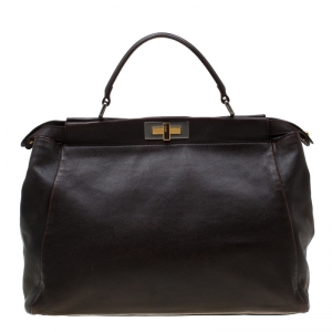 Pre Owned Fendi Dark Brown Leather Large Peekaboo Top Handle Bag