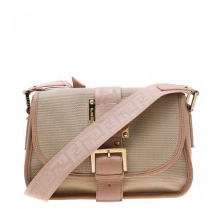 Pre Owned Fendi Beige/Pink Canvas Flap Crossbody Bag