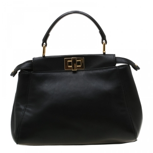 Pre Owned Fendi Black Leather Mini Peekaboo Top Handle Bag
