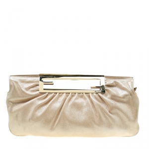 Pre Owned Fendi Beige Metallic Leather Cutout Handle Clutch