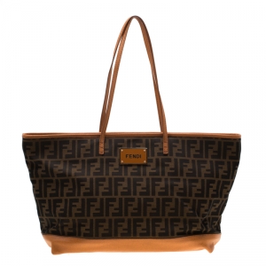 Pre Owned Fendi Brown/Orange Zucca Canvas And Leather Roll Tote