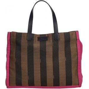 Pre Owned Fendi Brown Pequin Canvas Tote