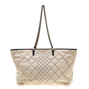 Pre Owned Fendi Cream/Black Quilted Zucca Nylon Roll Large Shopper Tote