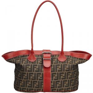 Pre Owned Fendi Tobacco/Red  Zucca Canvas and Leather Tote Bag