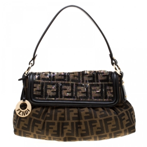 Pre Owned Fendi Tobacco Zucca Sequins Canvas and Leather Chef Shoulder Bag