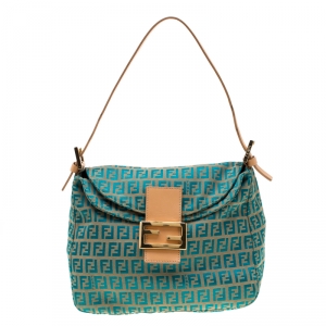 Pre Owned Fendi Teal Zucchino Canvas Mama Baguette Shoulder Bag