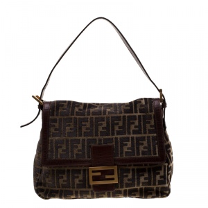 Pre Owned Fendi Brown Zucca Velvet and Leather Mama Forever Shoulder Bag