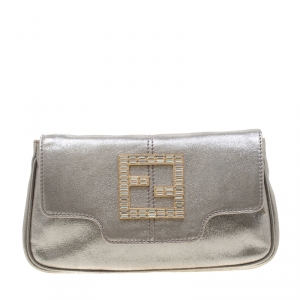 Pre Owned Fendi Silver Metallic Crystal Logo Leather Flap Clutch