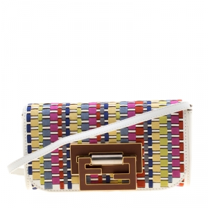 Pre Owned Fendi Multicolor Woven Fabric and Leather Small Fan Di Shoulder Bag