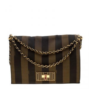 Pre Owned Fendi Brown Pequin Canvas Claudia Shoulder Bag   