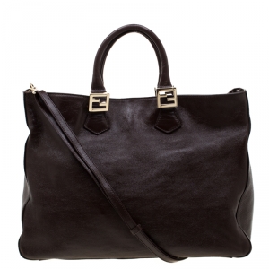 Pre Owned Fendi Dark Brown Leather Twins Shopper Tote