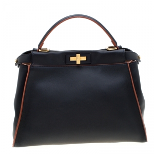 Pre Owned Fendi  Navy Blue Leather Medium Peekaboo Top Handle Bag