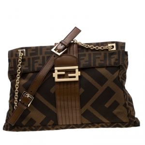 Fendi Tobacco Zucca Canvas Maxi Baguette Flap Shoulder Bag