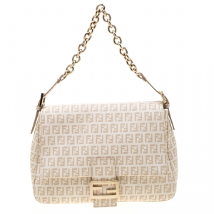 Pre Owned Fendi White/Beige Zucchino Canvas Mama Forever Shoulder Bag