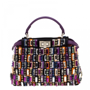 Pre Owned Fendi Multicolor Crystal Embellished Leather Mini Peekaboo Top Handle Bag