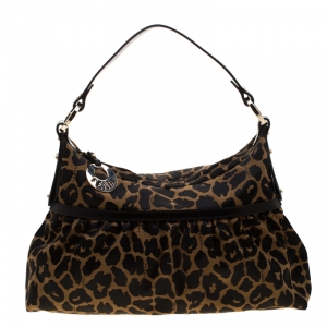 Pre Owned Fendi Brown/Black Leopard Print Jacquard Fabric and Leather Shoulder Bag 