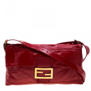 Pre Owned Fendi Red Crinkle Patent Leather Large Mamma Baguette Shoulder Bag