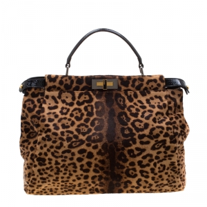 Pre Owned Fendi Brown/Black Leopard Print Calfhair Large Peekaboo Top Handle Bag