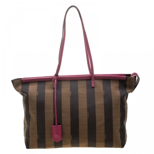Pre Owned Fendi Brown/Pink Canvas and Leather Pequin Roll Tote
