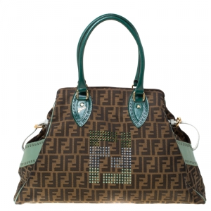 Pre Owned Fendi Brown/Green Zucca Canvas and Leather Studded Large De Jour Bag