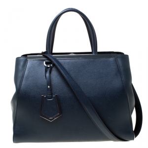 Pre Owned Fendi Navy Blue Leather Medium 2jours Tote