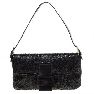 Fendi Black Beads and Leather Baguette Shoulder Bag